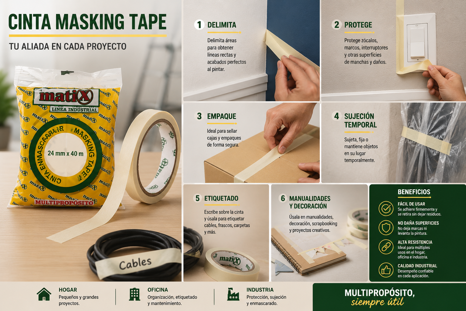 Infografía de usos de la cinta masking tape Matix: delimita, protege, empaque, sujeción, etiquetado y manualidades